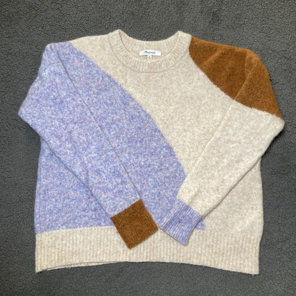 Madewell Colorblock Off-the-Shoulder Sweater in Cream, Blue, and Brown